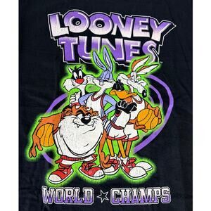 Looney Tunes World Champs Graphic Tee Black Neon Cartoon Shirt Medium NWOT